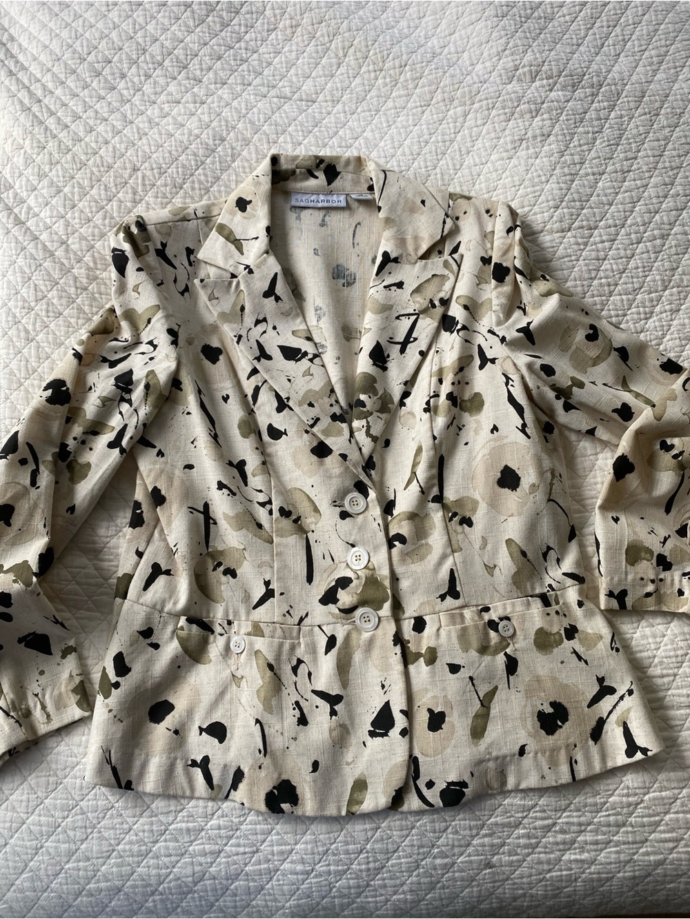 Linen Blend Cream Black Abstract Print Blazer Button Long Sleeve Sag Harbor